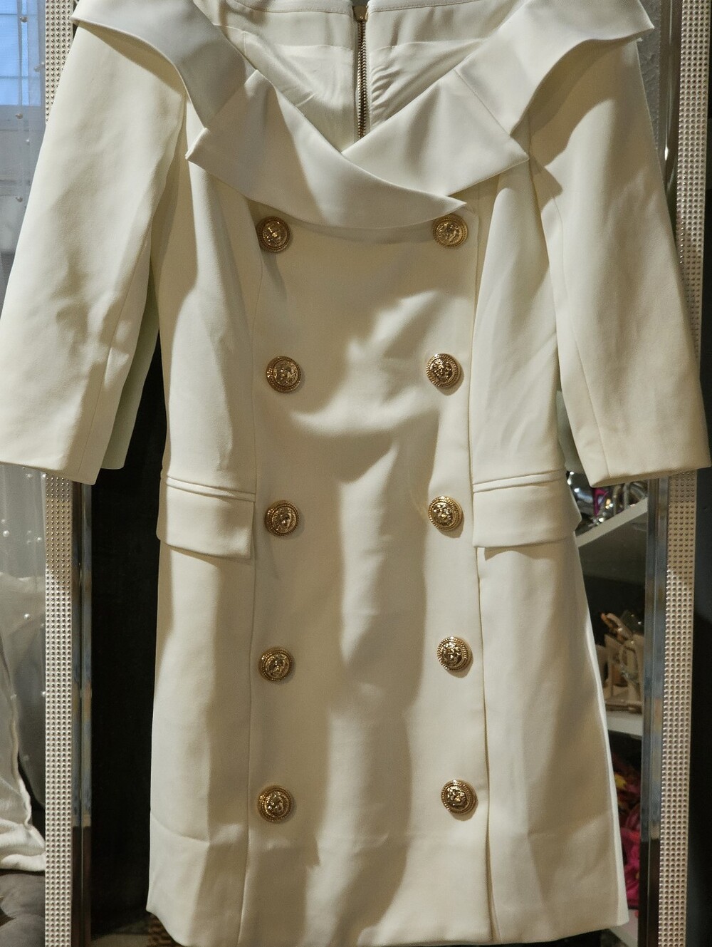 Elegant Cream Double-Breasted Women's Dress with Gold Buttons